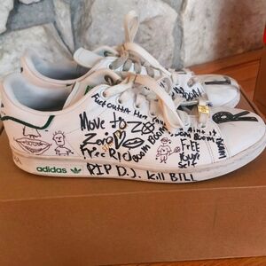 Adidas White Sneakers with Black Graffiti Mens 8